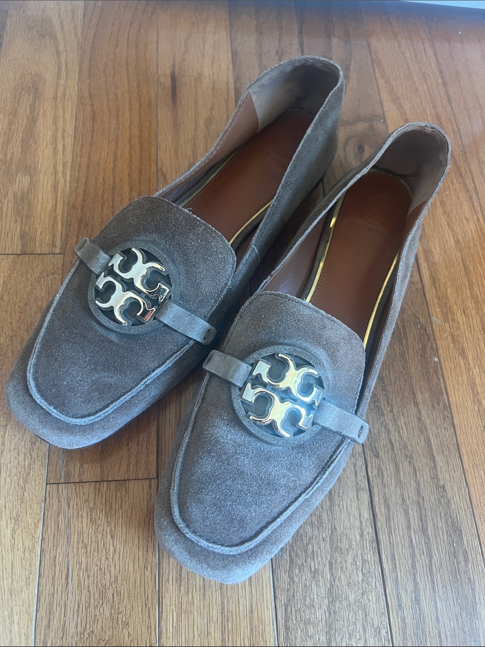 Tory Burch Taupe Suede Logo Medallion Loafers